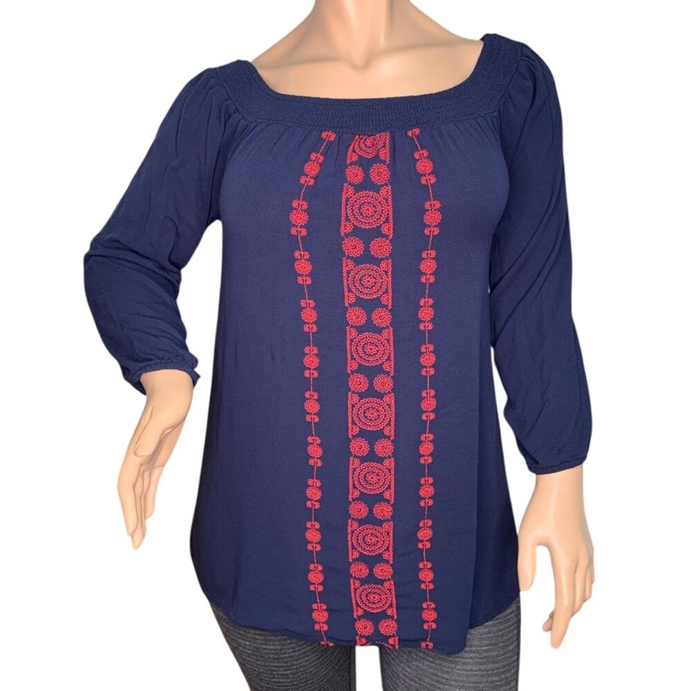 Aeropostale Embroidered Blouse Long Sleeve Blue Red Elastic on Cuffs Size XL